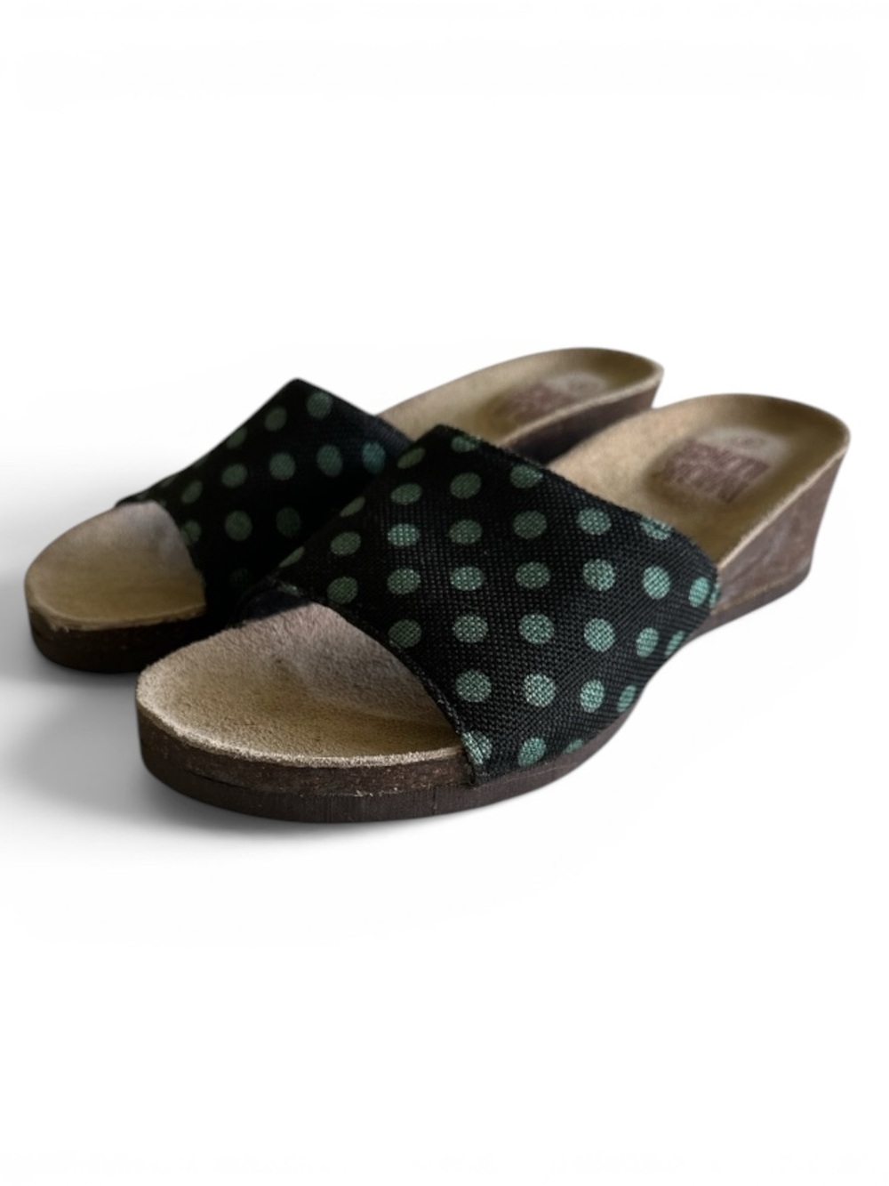 Muk Luks Black Slide Wedges with Green Polka Dots